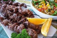 Orange Thai Beef Skewers with Orzo, Peppers & Asparagus