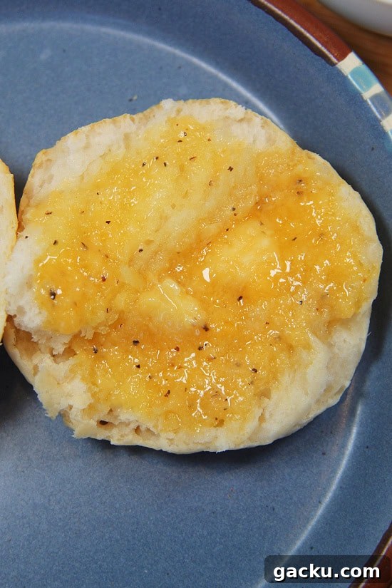A melted and gooey spread on a hot biscuit.