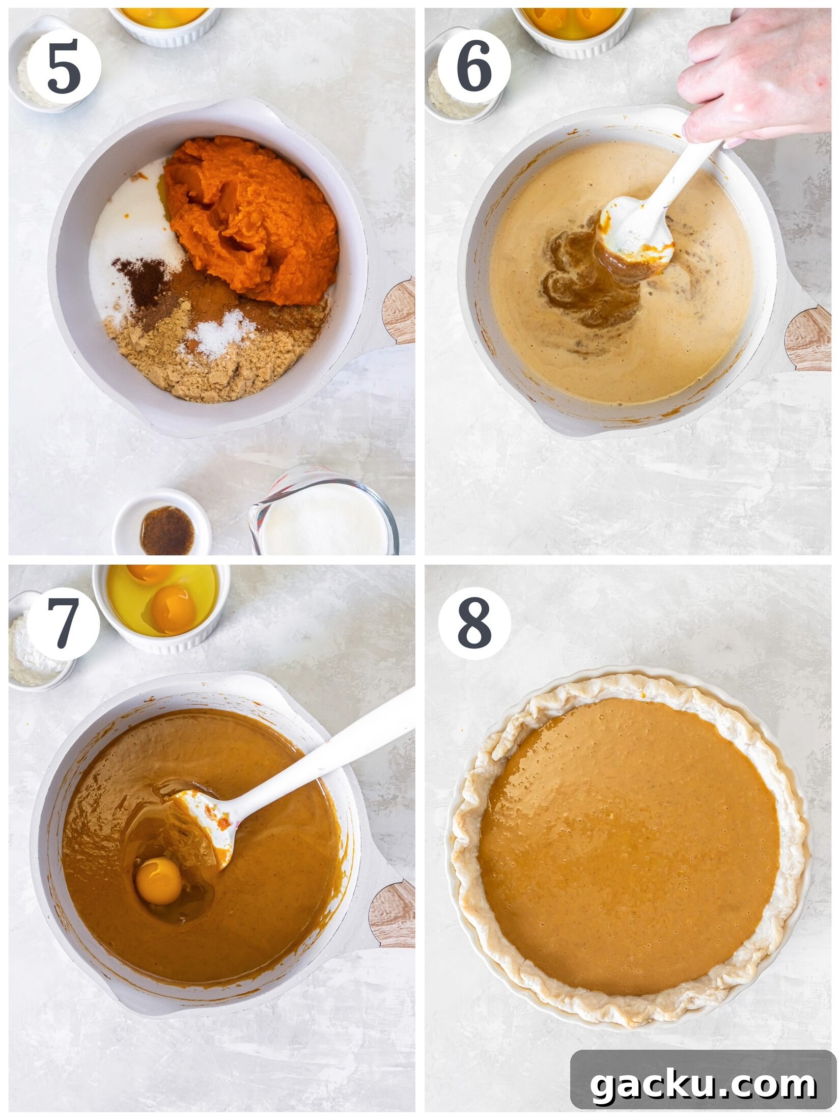 Homemade Pumpkin Pie Recipe: Classic Scratch-Baked Pie 6 photo collage demonstrating how to make pumpkin pie filling recipe.