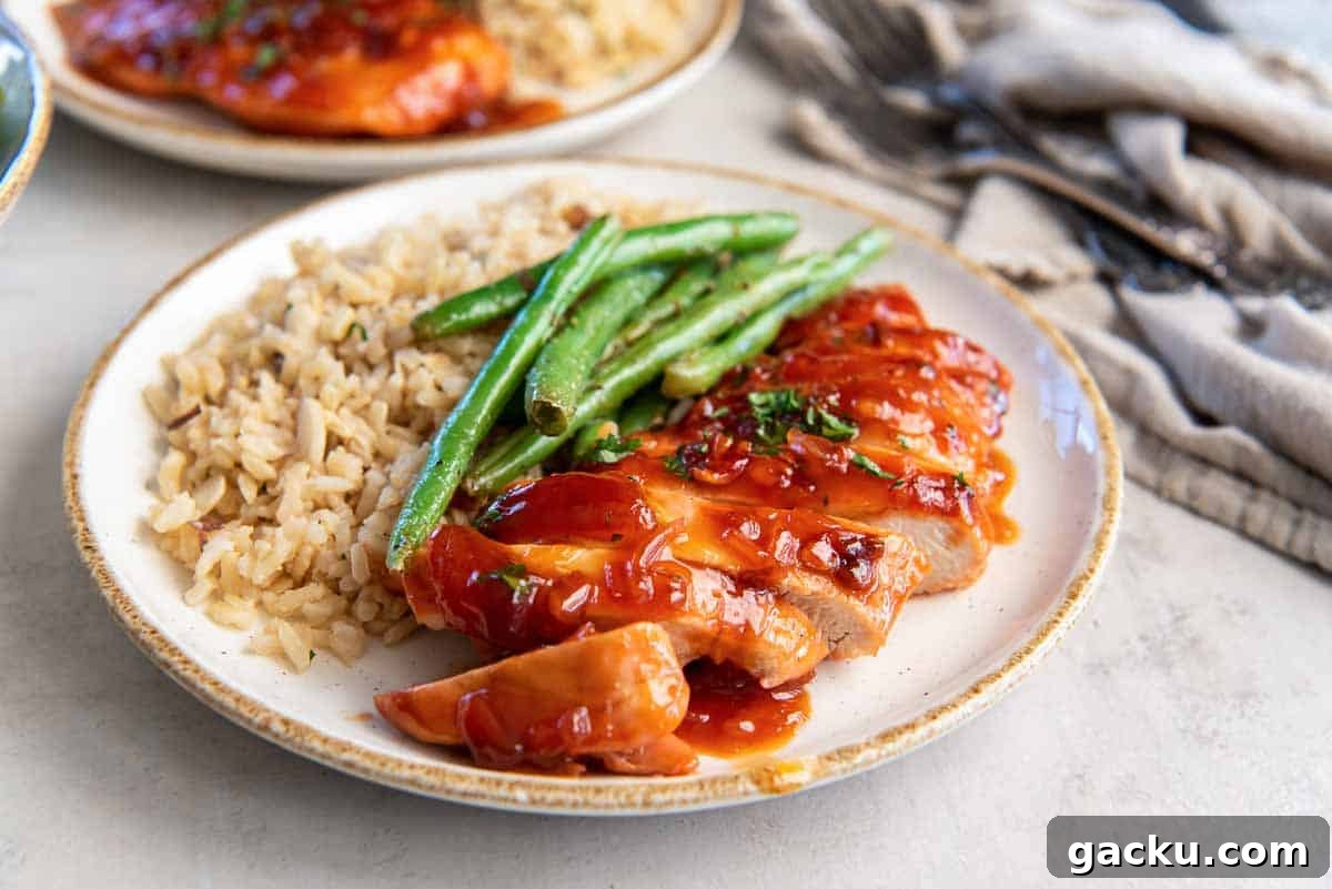 Sliced catalina chicken on a dinner plate with rice and green beans.