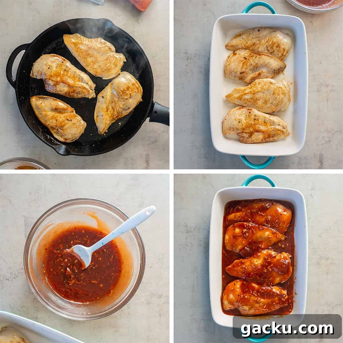 Four images of chicken breasts cooking in a cast iron skillet and in a baking dish topped with a catalina dressing mixture.