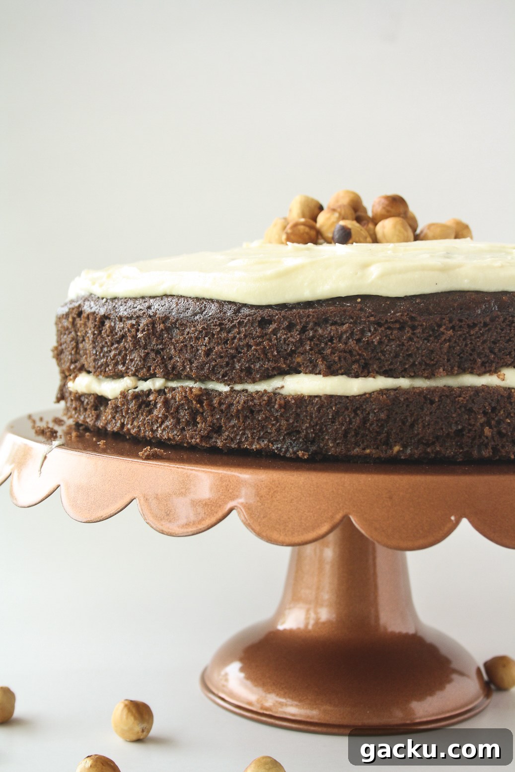 Decadent Chocolate Hazelnut Layer Cake Recipe 5 Moist chocolate cake filled with hazelnuts, layered with a hazelnut cream cheese frosting!