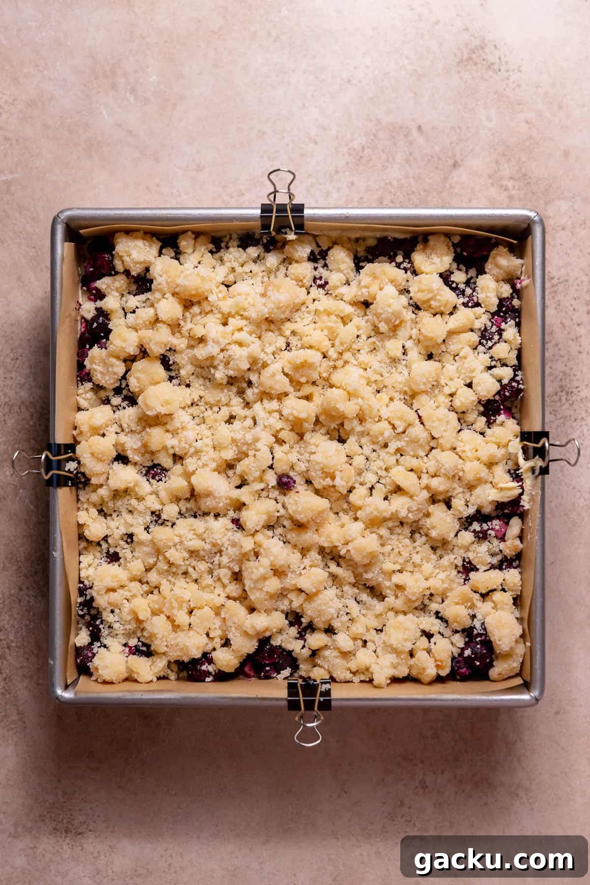 Blueberry Crumb Cake with Buttery Crumble Topping Recipe 8 Blueberry cake with crumb topping in a pan before baking.
