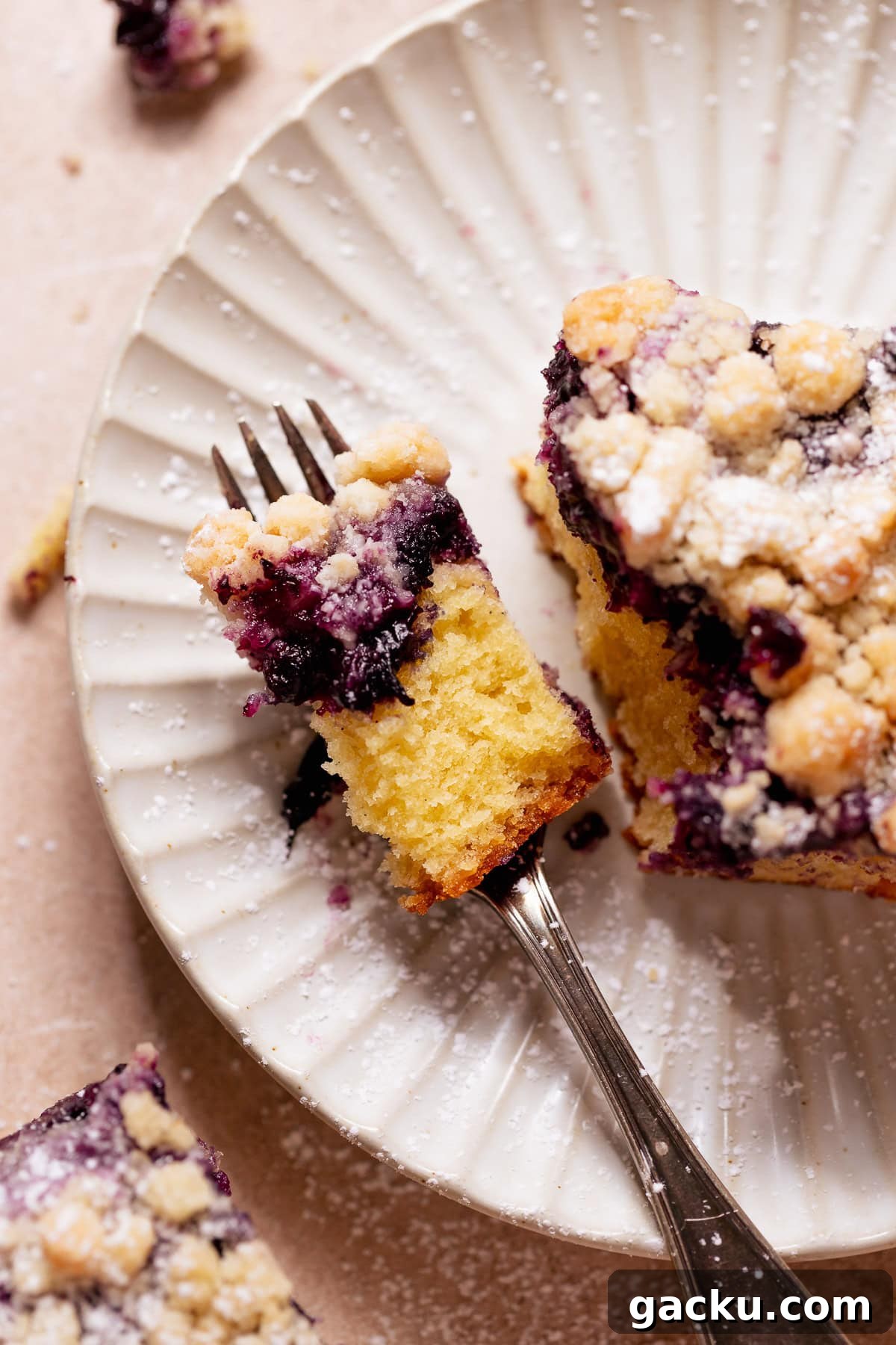 Blueberry Crumb Cake with Buttery Crumble Topping Recipe 9 Forkful of blueberry cake with crumb topping on a white plate.
