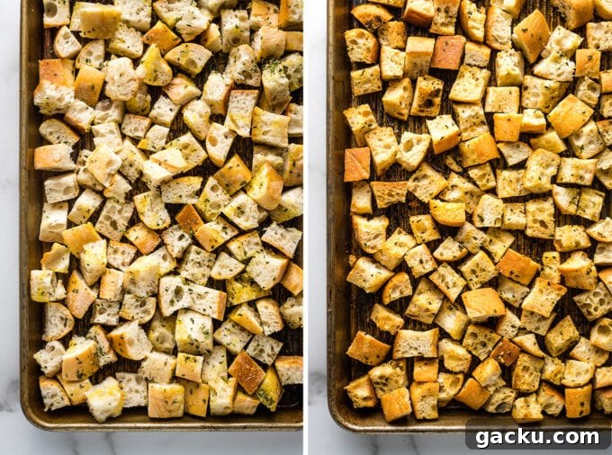 Crispy Homemade Croutons Recipe for Salads & Soups 6 Collage of croutons on baking sheet before and after baking.