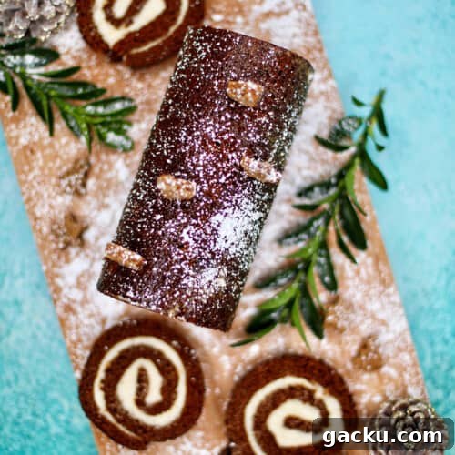 Gingerbread cake roll with holiday trimmings