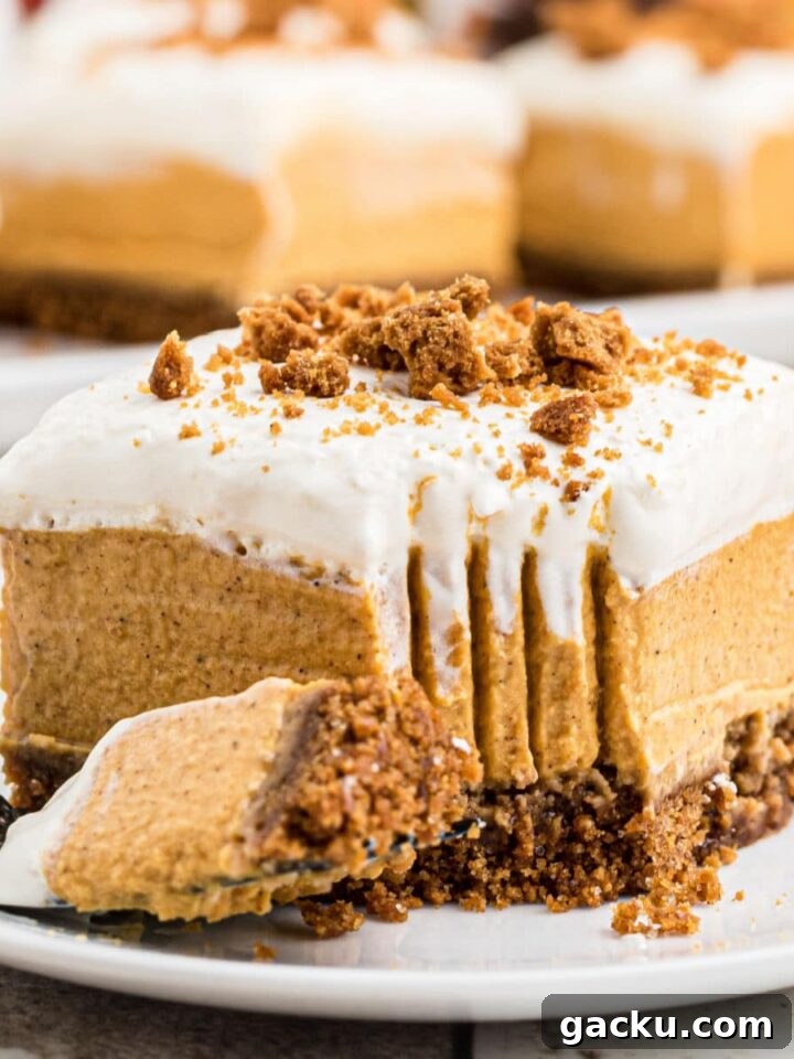 Close up square image of a slice of no bake pumpkin cheesecake.