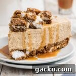 A slice of oatmeal creme pie cheesecake with caramel sauce drizzled on top.