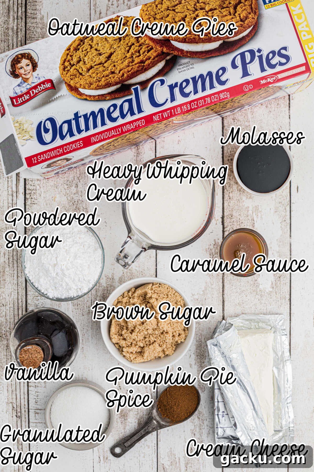Ingredients needed to make an oatmeal creme pie cheesecake recipe.