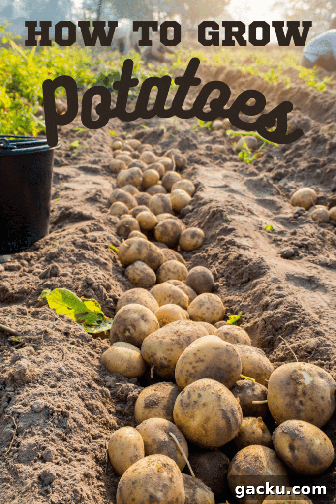 Grow Potatoes at Home: A Complete Guide to Planting and Harvesting 5 growing potatoes and Potato Harvest laying in dirt with text