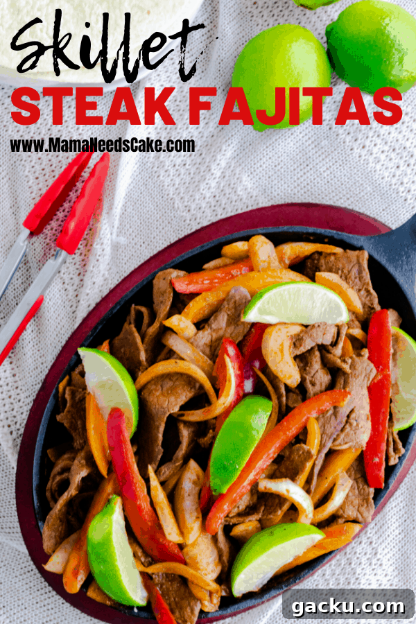 These steak fajitas are made using a homemade blend of spices, crisp peppers, and sliced sirloin steak.