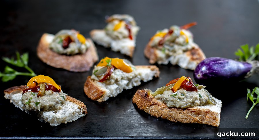 Smoky Eggplant Dip with Roasted Peppers Recipe 3 Baba Ganoush on toasted bread