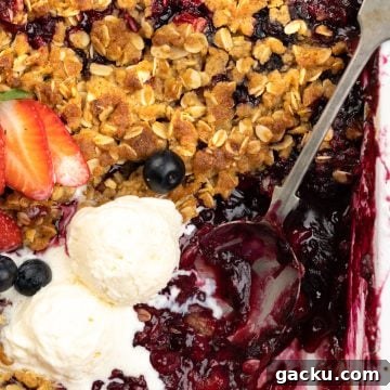 Scoops of vanilla ice cream on top of crisp oatmeal topping and gooey jam-like mixed berry filling underneath