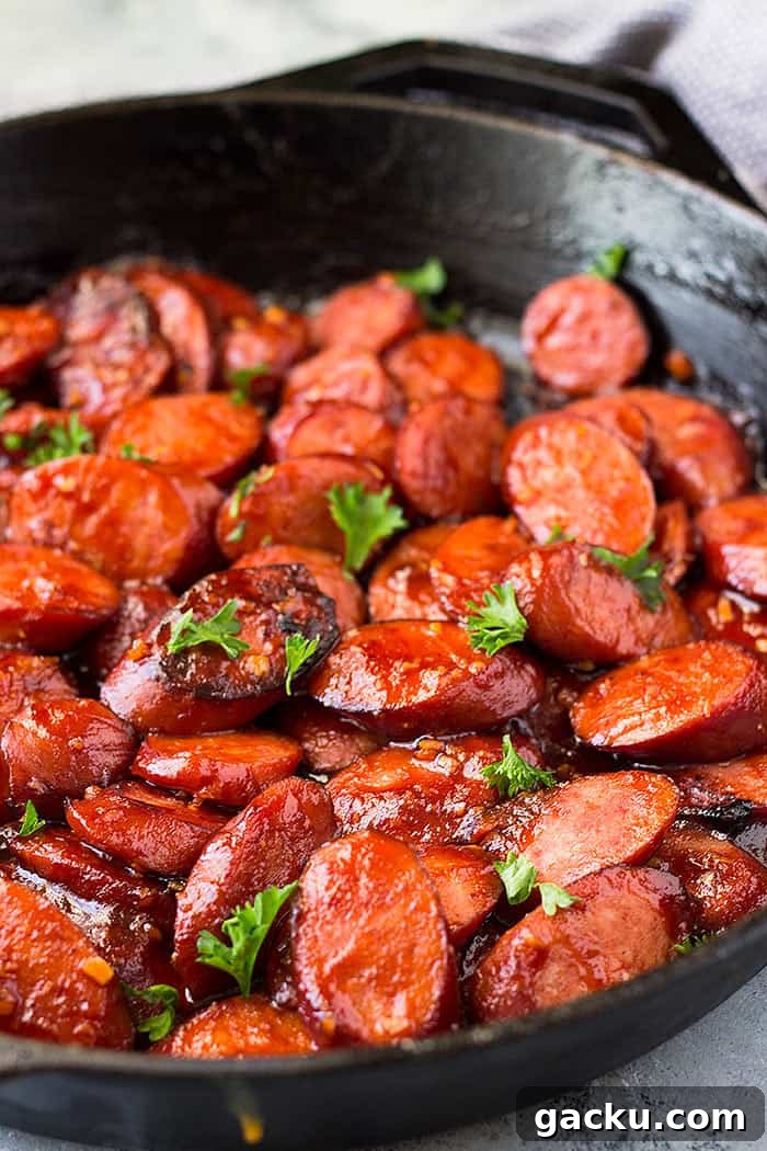 Smoked Sausage Skillet Dip for Parties and Game Days 4 side view of smoked sausage in a skillet