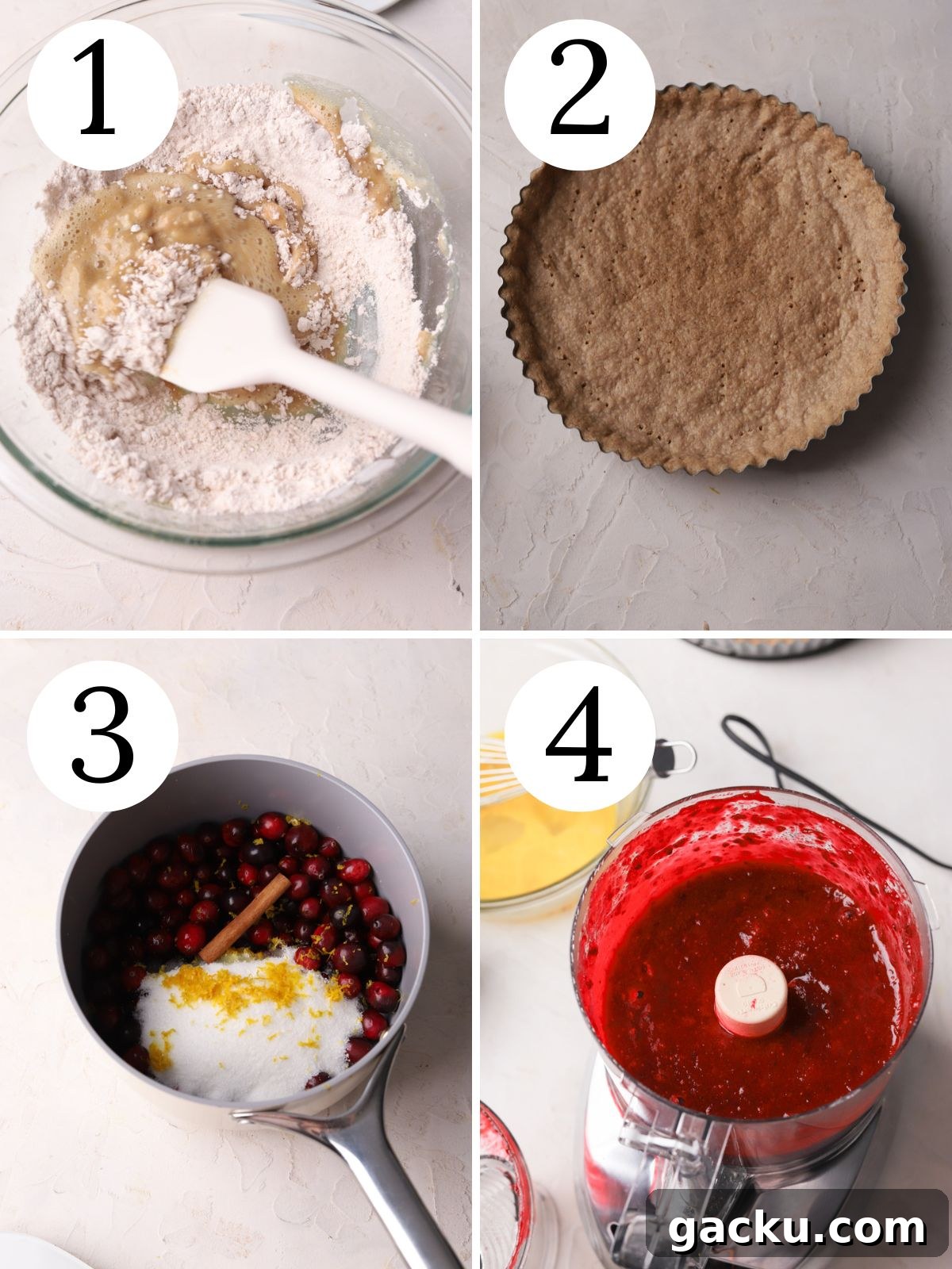A four photo collage showing steps for making cranberry tart.