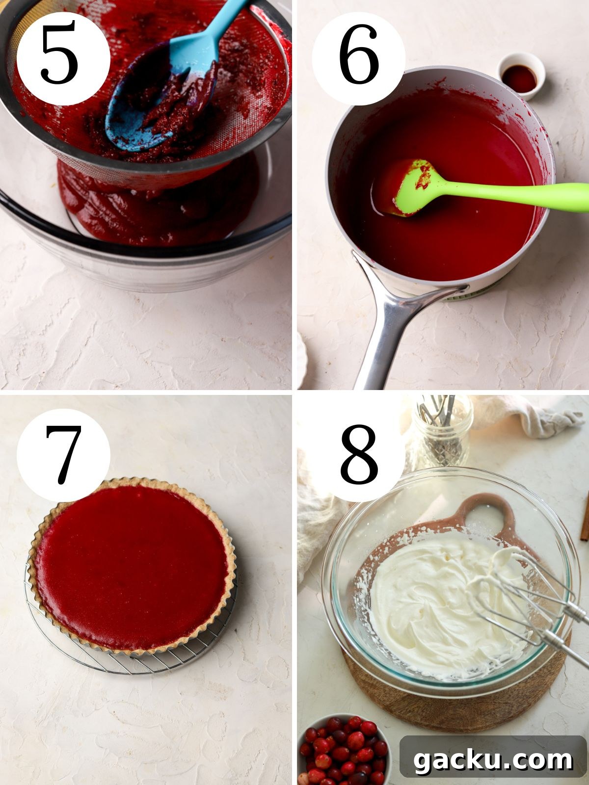 A four picture collage showing steps for making cranberry curd tart and whipped cream.
