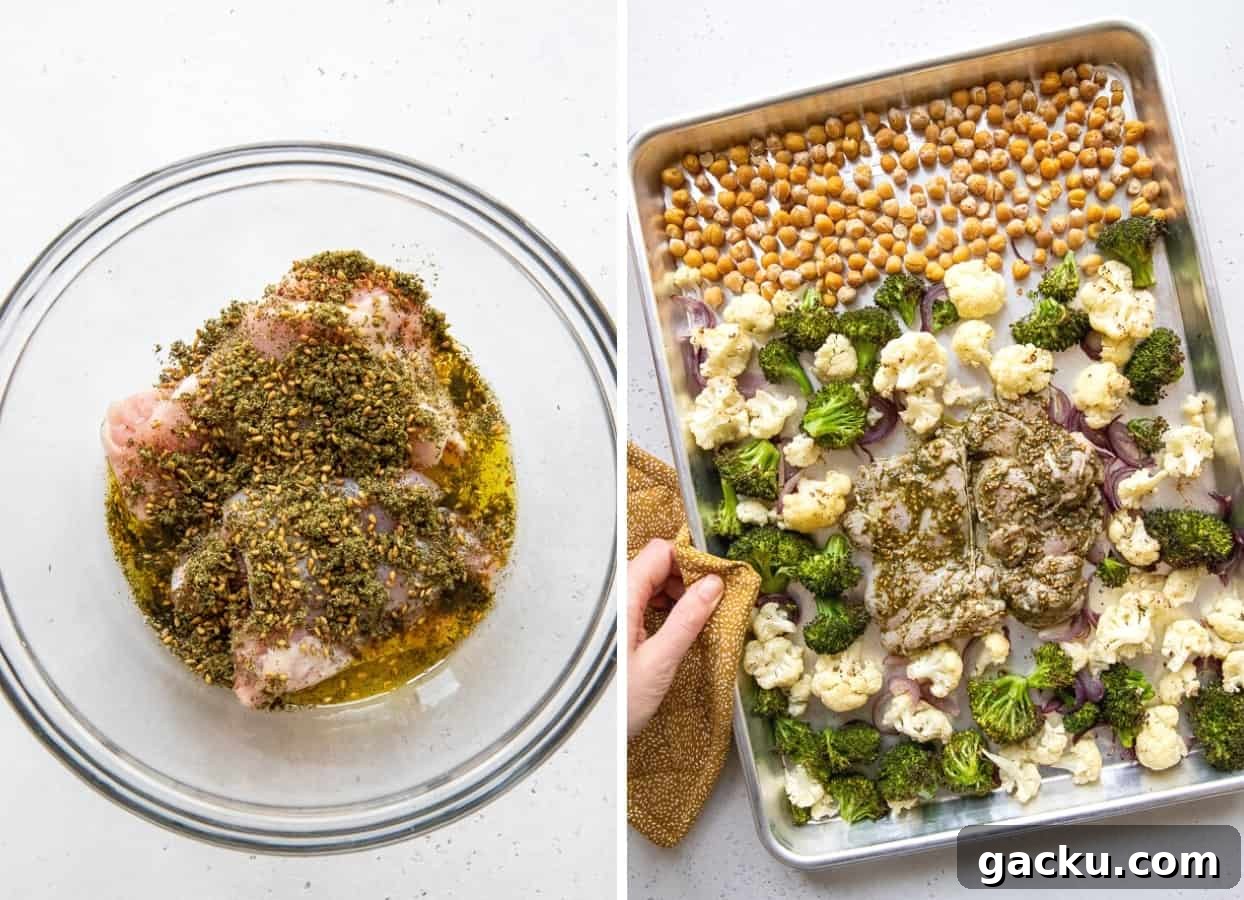 Sheet Pan Za’atar Chicken with Roasted Chickpeas & Tahini Sauce 2 a picture collage showing how to marinate chicken with za'atar and olive oil and how to arrange ingredients for chicken sheet pan dinner on a baking pan