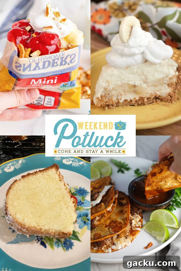 Banana Cream Pie Recipe for Weekend Potluck 534 2 Four photo collage with a photo of each featured recipe - Banana Cream Pie, Easy Birria Tacos, Old-Fashioned Pound Cake and Walking Strawberry Pretzel Salad.