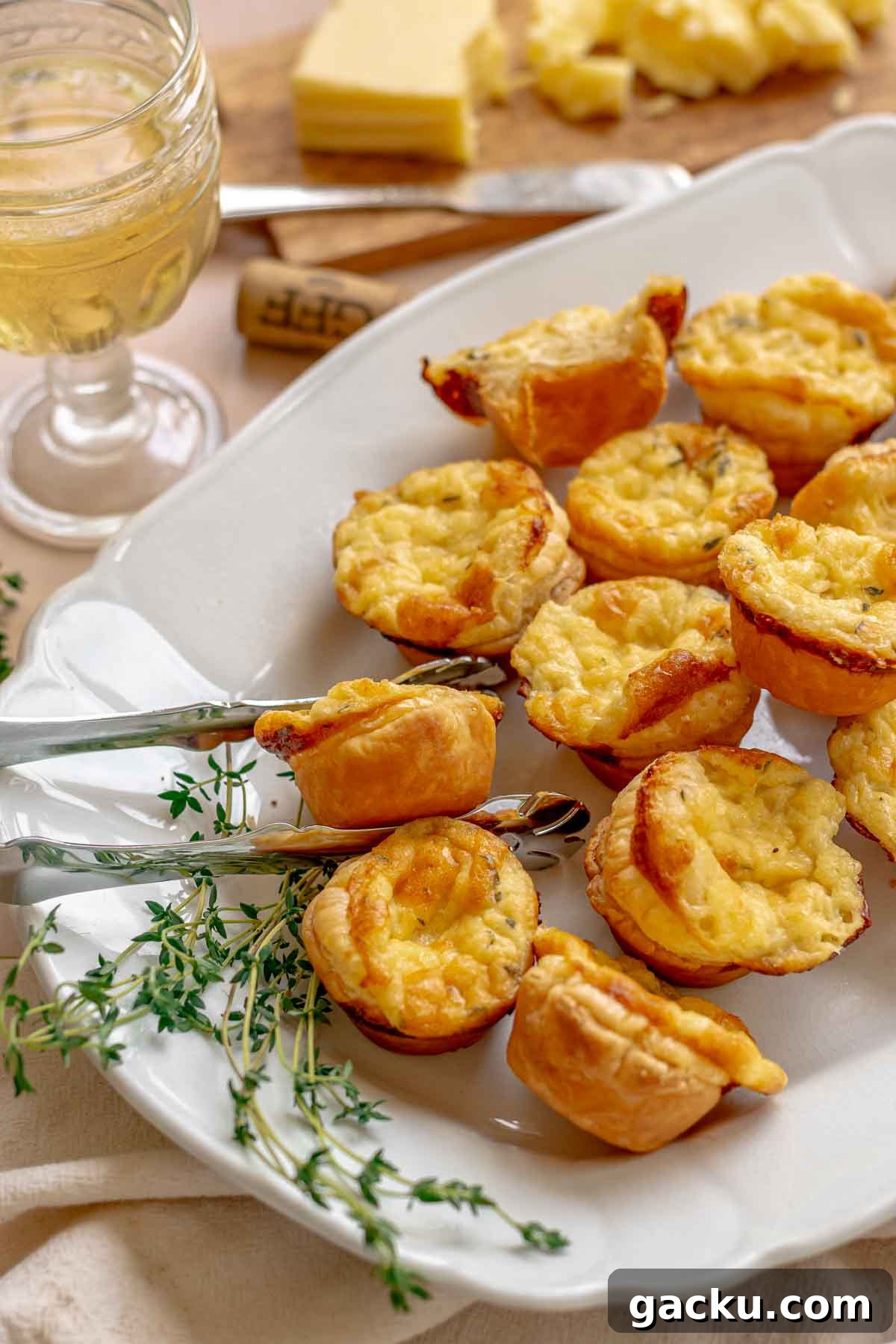 Mini Cheese Tartlets Recipe: Crispy Crusts with Creamy Filling 11 Tongs reach in to a platter of cheese tartlets. Wine and thyme sit on the site.