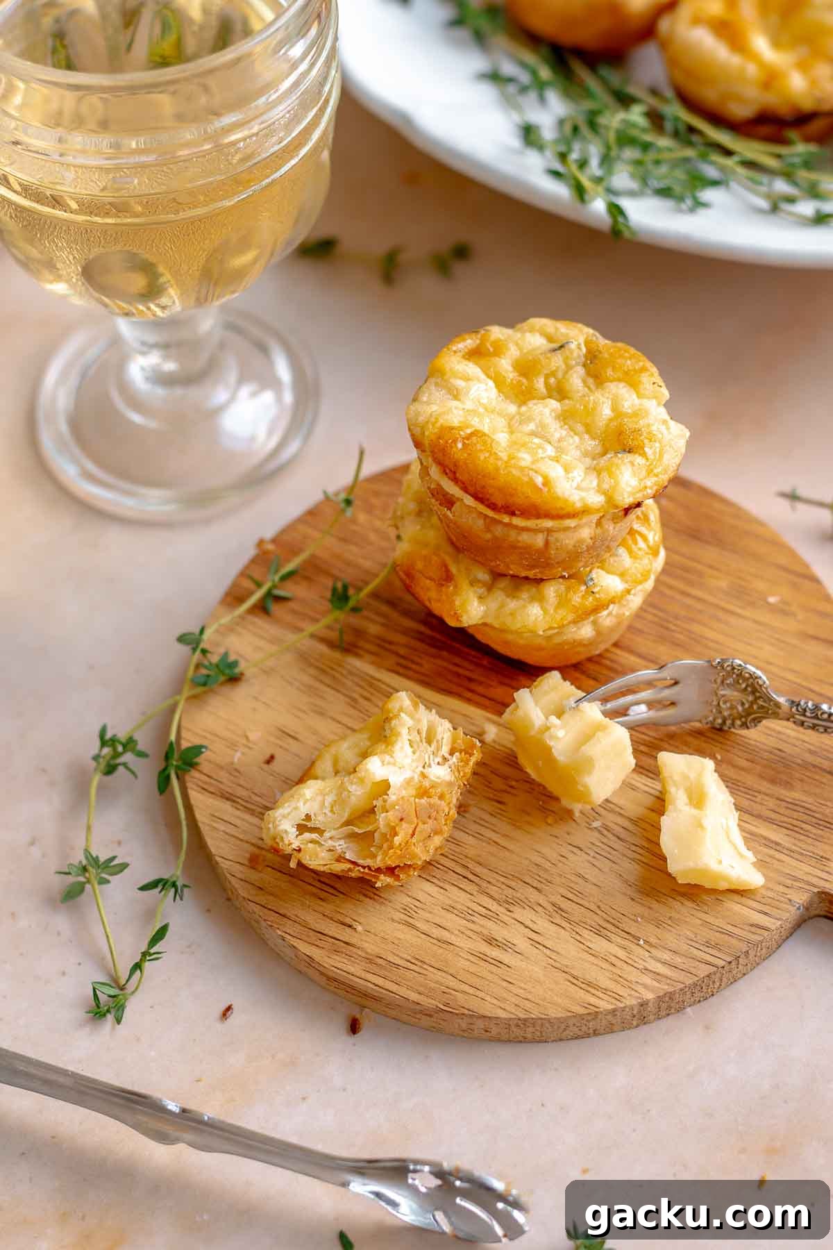 Mini Cheese Tartlets Recipe: Crispy Crusts with Creamy Filling 12 A stack of cheese puffs on a wooden board with pieces of cheese next to it.