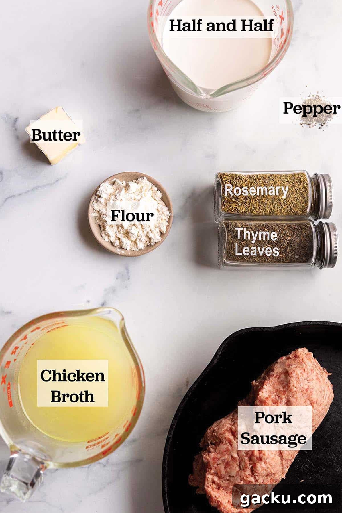 Southern-Style Sausage Gravy Recipe for Biscuits and Breakfast 3 Ground sausage in a cast iron pan, chicken broth, half and half, herbs, butter and flour.
