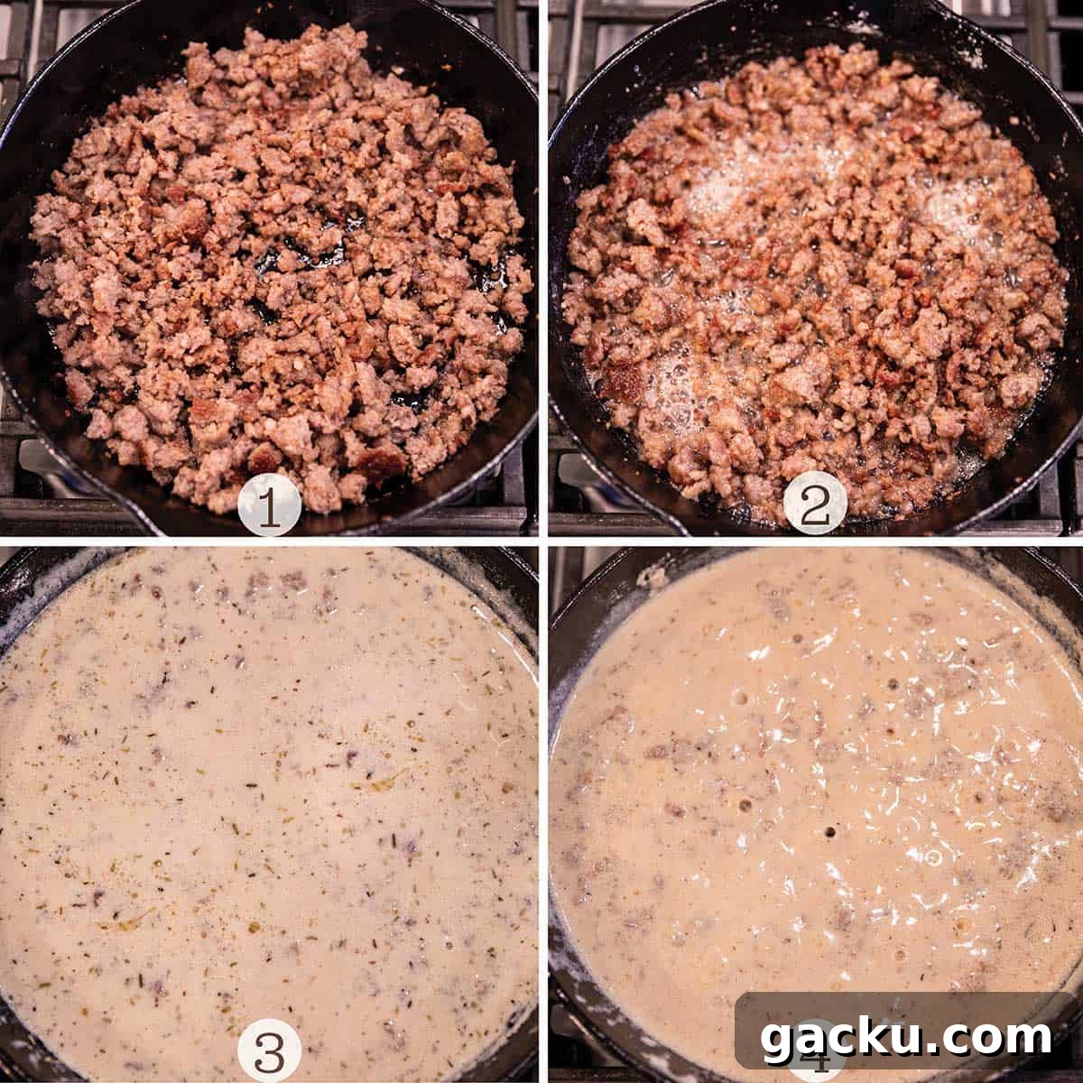 Southern-Style Sausage Gravy Recipe for Biscuits and Breakfast 4 Four images of sausage being made in a black cast iron.