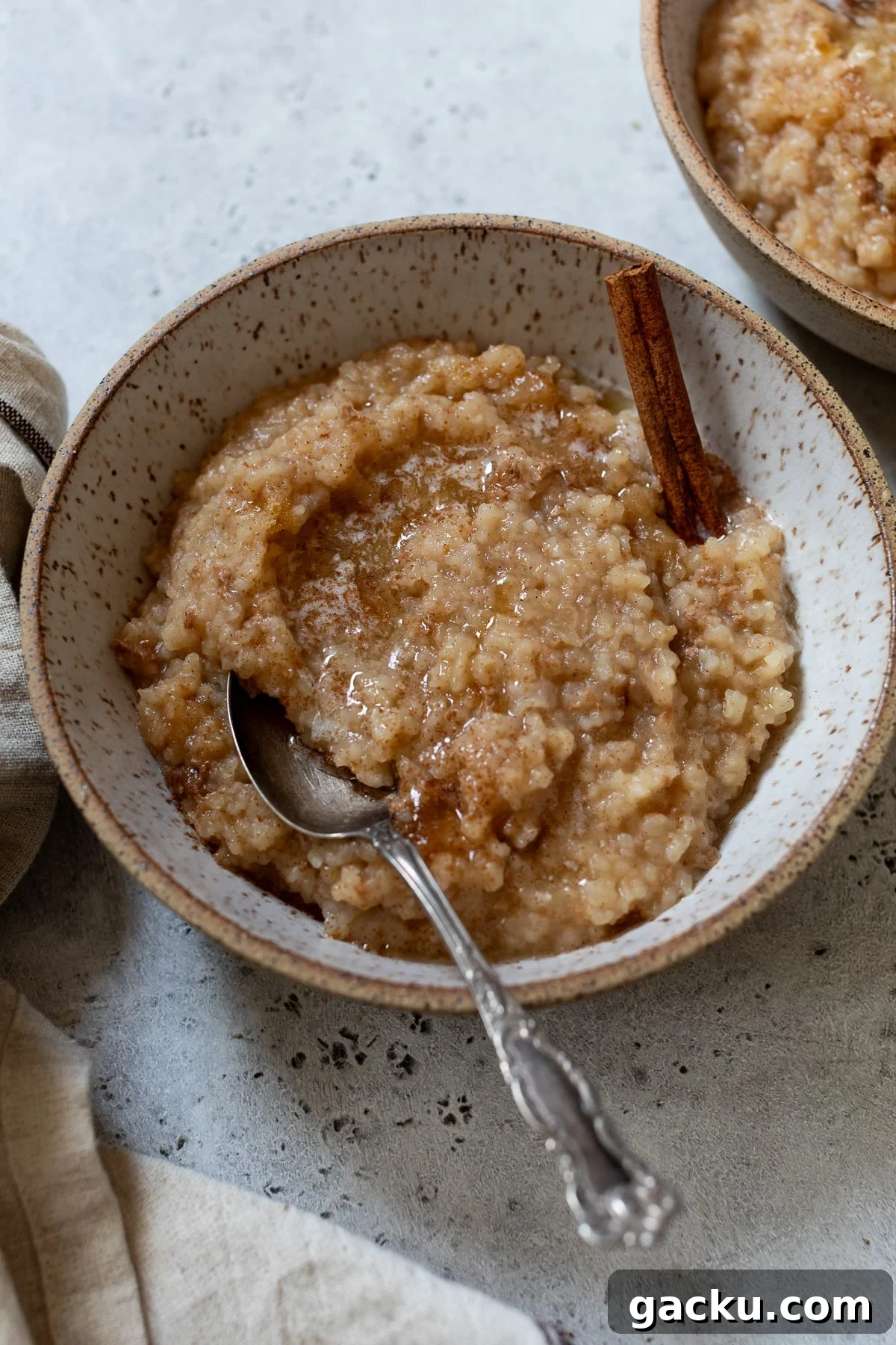 slow cooker rice pudding in a bowl with a spoon and a cinnamon stick
