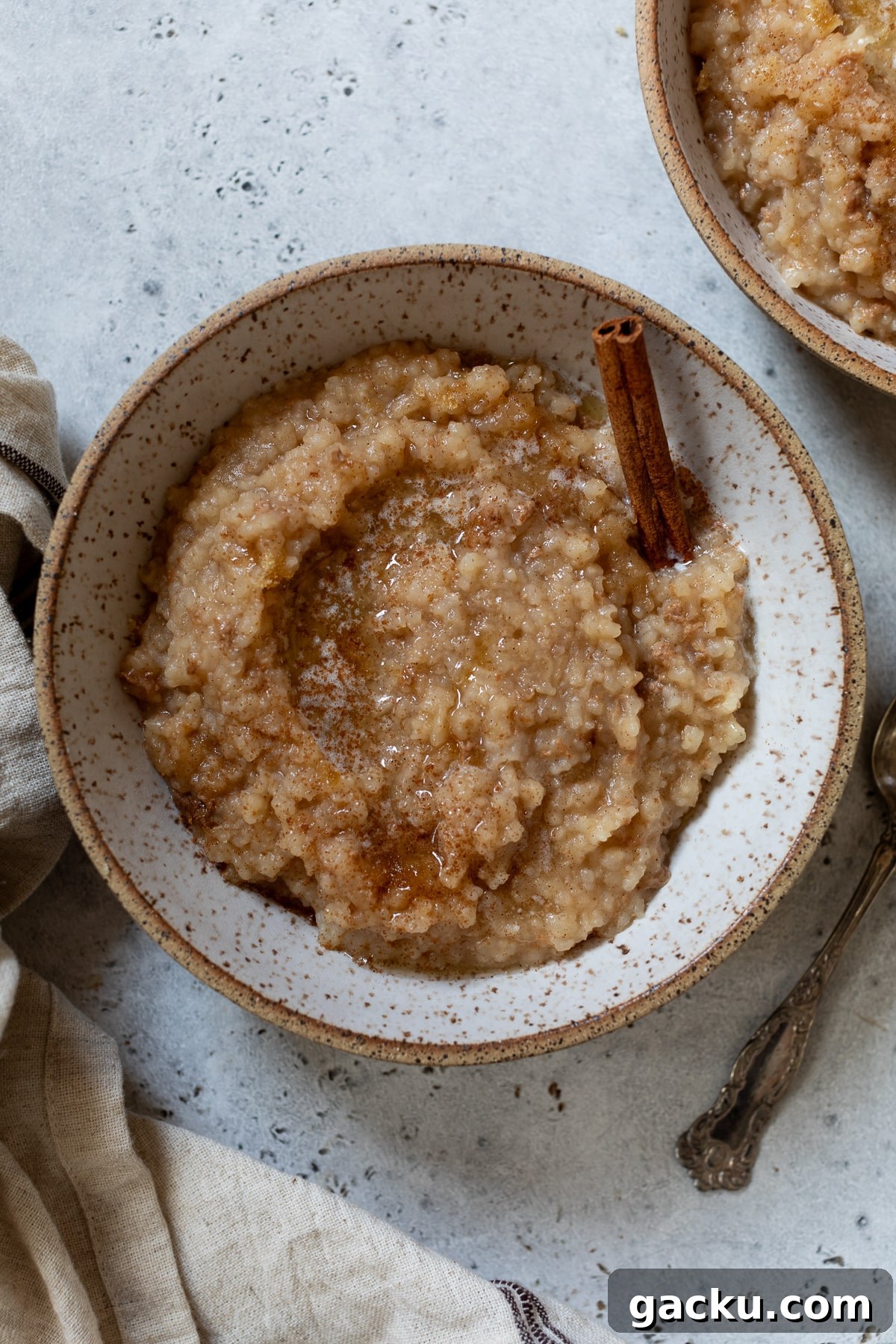 slow cooker rice pudding in a bowl with a cinnamon stick