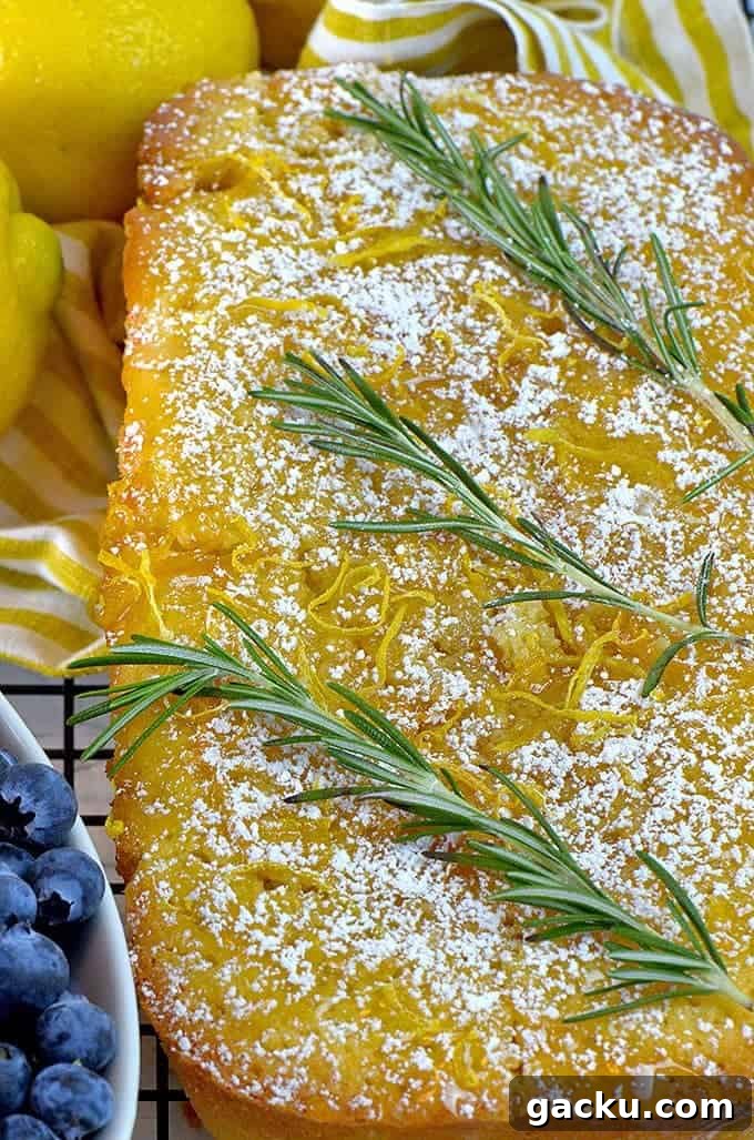 Rosemary Lemon Loaf with Silky Lemon Icing 3 This lemon loaf cake recipe is garnished with sprigs of fresh rosemary.
