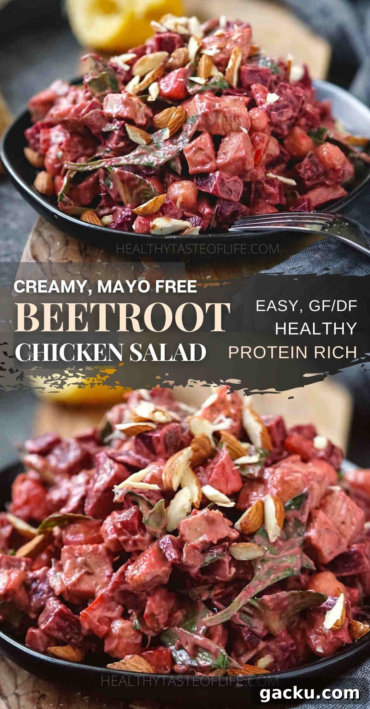 Pinterest image: Protein-rich chicken beet salad recipe featuring cooked beets, roasted chicken, and chickpeas enriched with a healthy creamy avocado dressing.