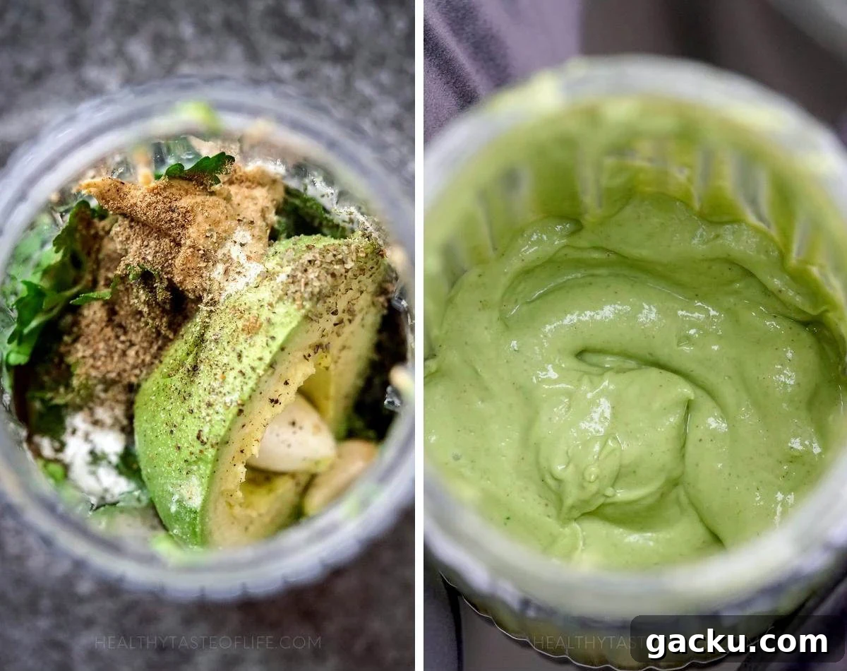Process shot showing how to make the avocado dressing: throw all ingredients in a blender and blend until creamy.