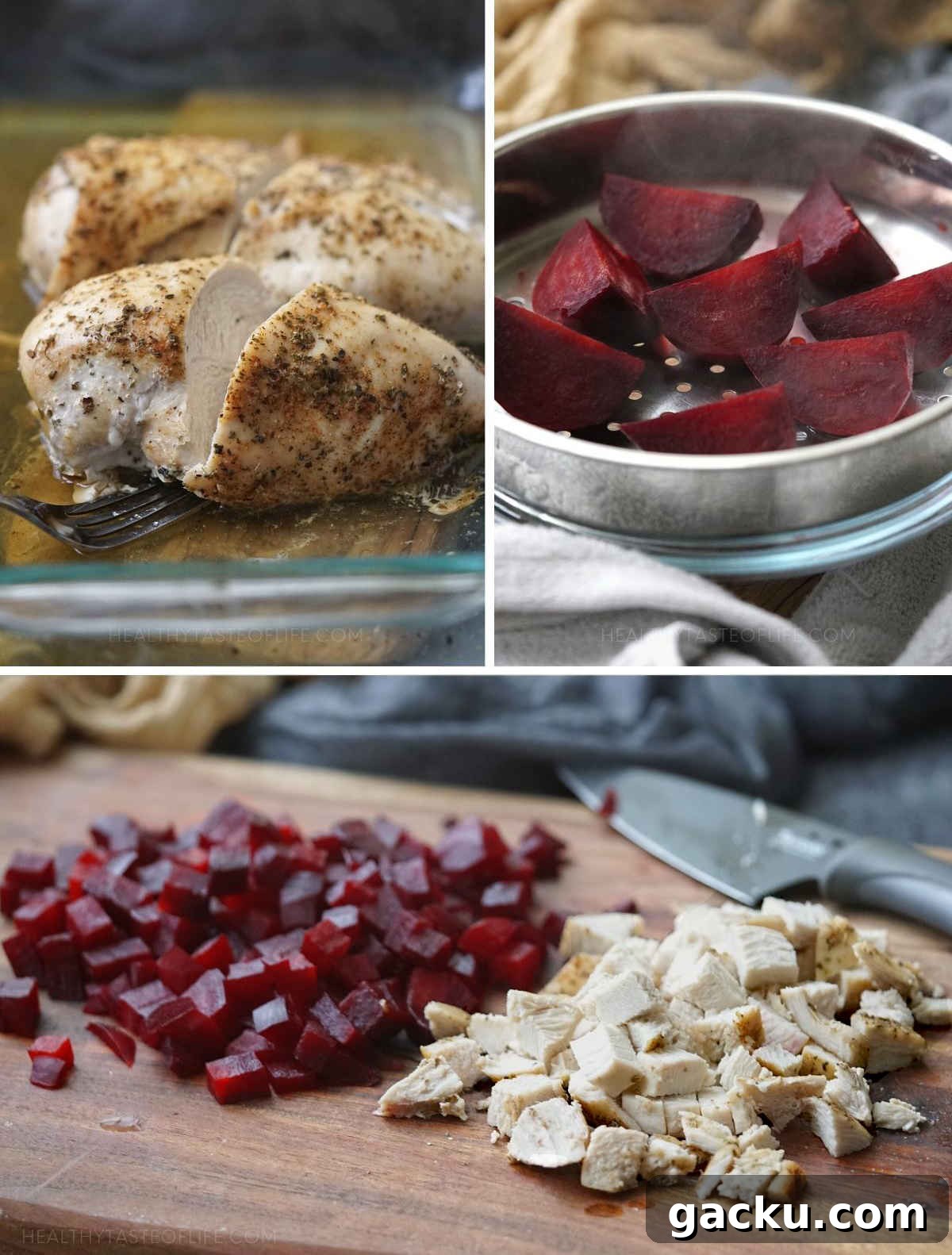 Process shots showing how to prep: dicing roasted beets and chicken for  for this high protein Beet Salad with Chicken.