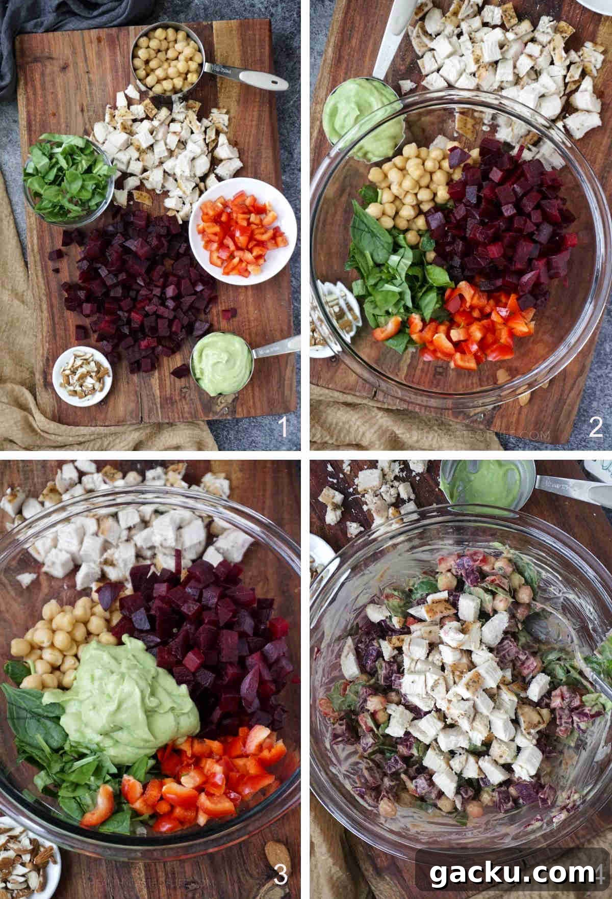 Process shots showing how to assemble the Roasted Beet Chicken Salad: mixing everything together.