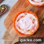 close up image of motichoor tart with rose shrikhand