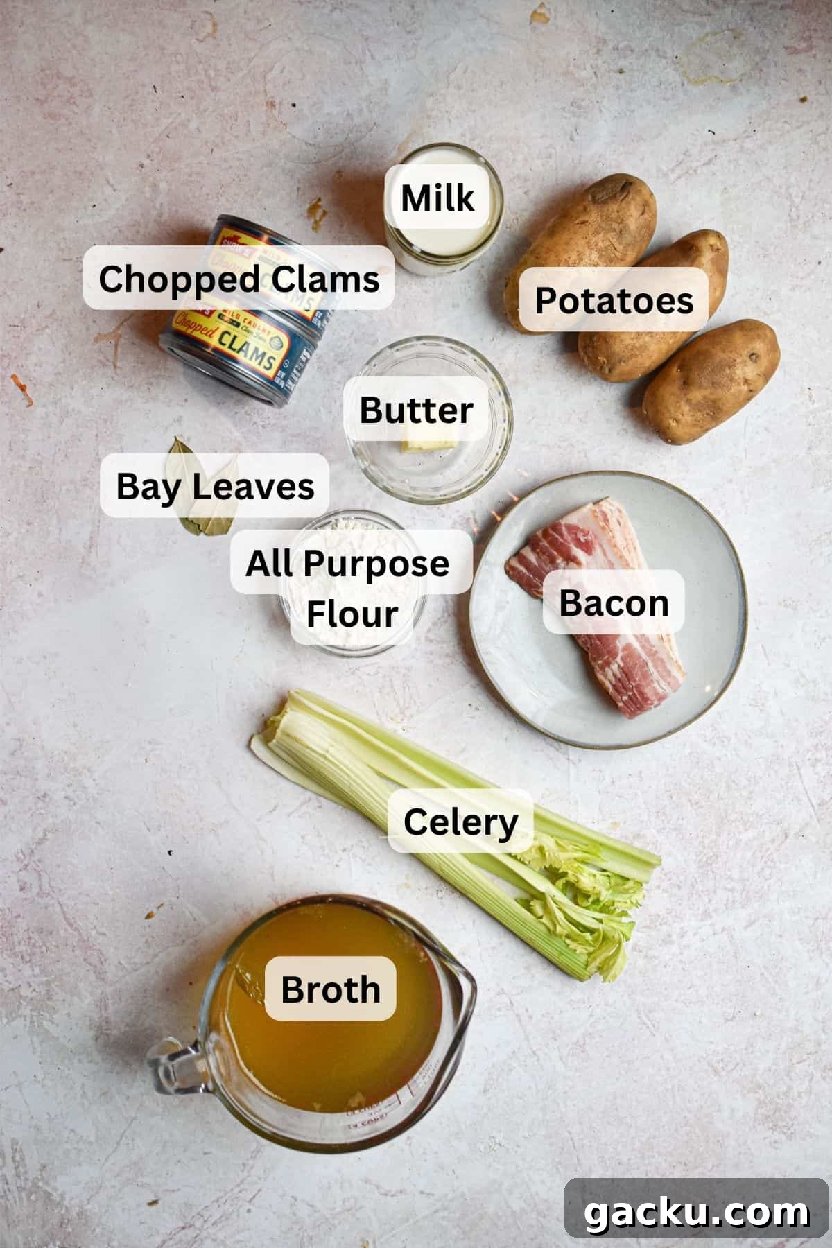 The ingredients for New England Clam Chowder are labeled.