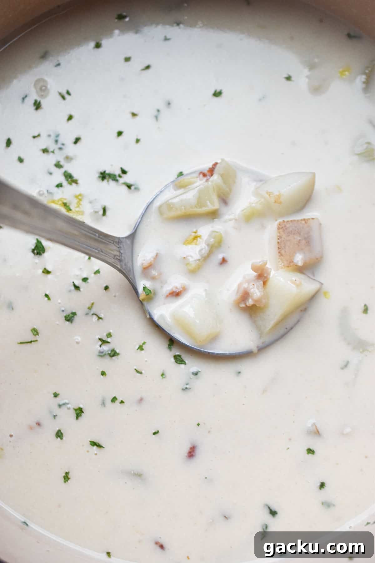 A ladle is scooping out the New England Clam Chowder.