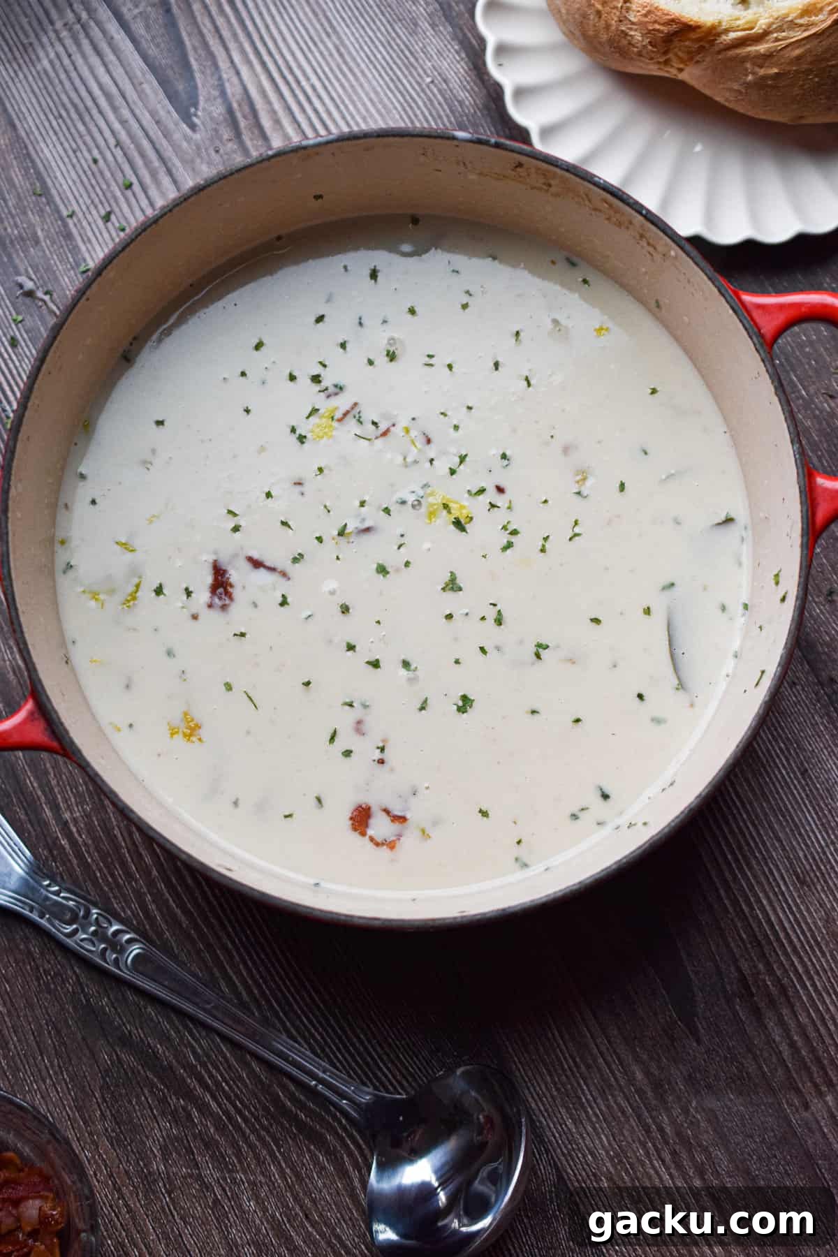 The New England Clam Chowder is in a Dutch oven.