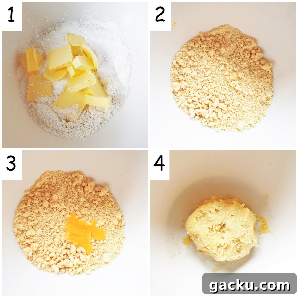 Crispy Pistachio Butter Biscuits with Extra Crunch 4 Four images showing steps for mixing pistachio butter biscuits.