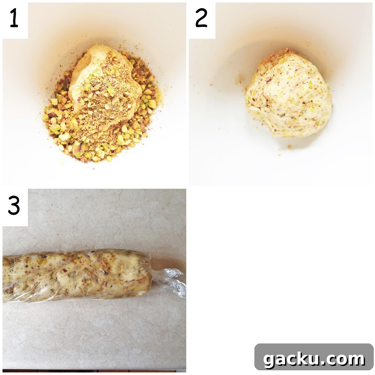 Crispy Pistachio Butter Biscuits with Extra Crunch 5 Three images showing cookie dough being mixed with pistachio nuts and then being formed into a log for chilling in the fridge.