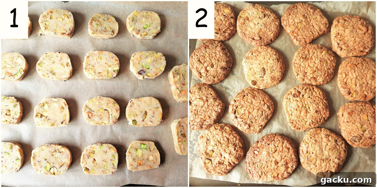 Crispy Pistachio Butter Biscuits with Extra Crunch 6 Two images showing pistachio butter cookies before and after being baked.