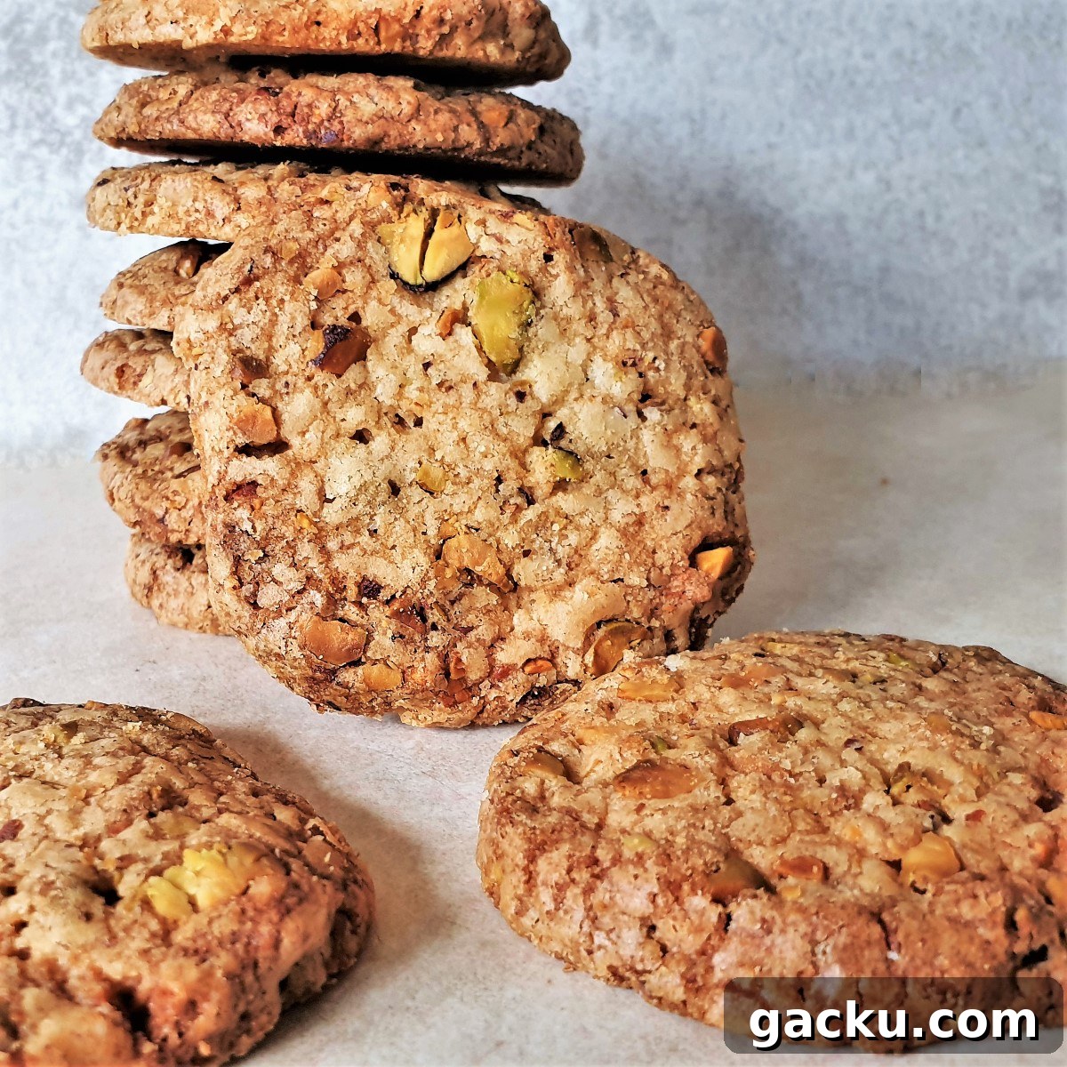 Crispy Pistachio Butter Biscuits with Extra Crunch 7 A pile of pistachio butter cookies.