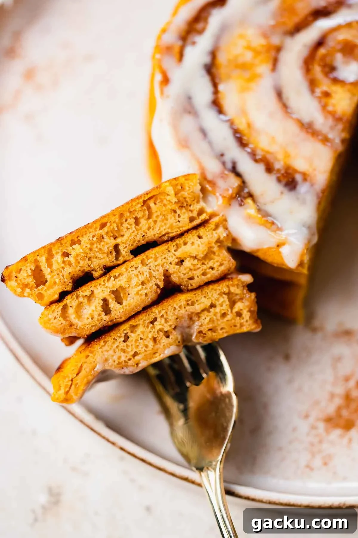 iced pumpkin swirl pancakes cut