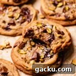 bitten pistachio chocolate cookie on top of whole cookie