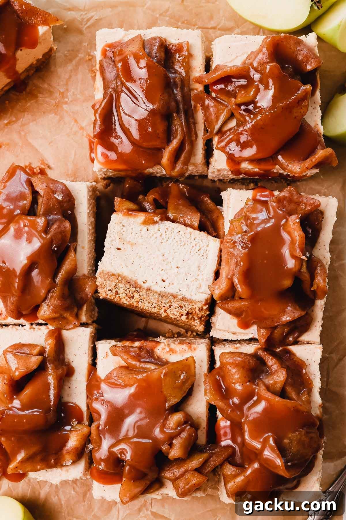 top view of caramel apple cheesecake bars with 1 on its side