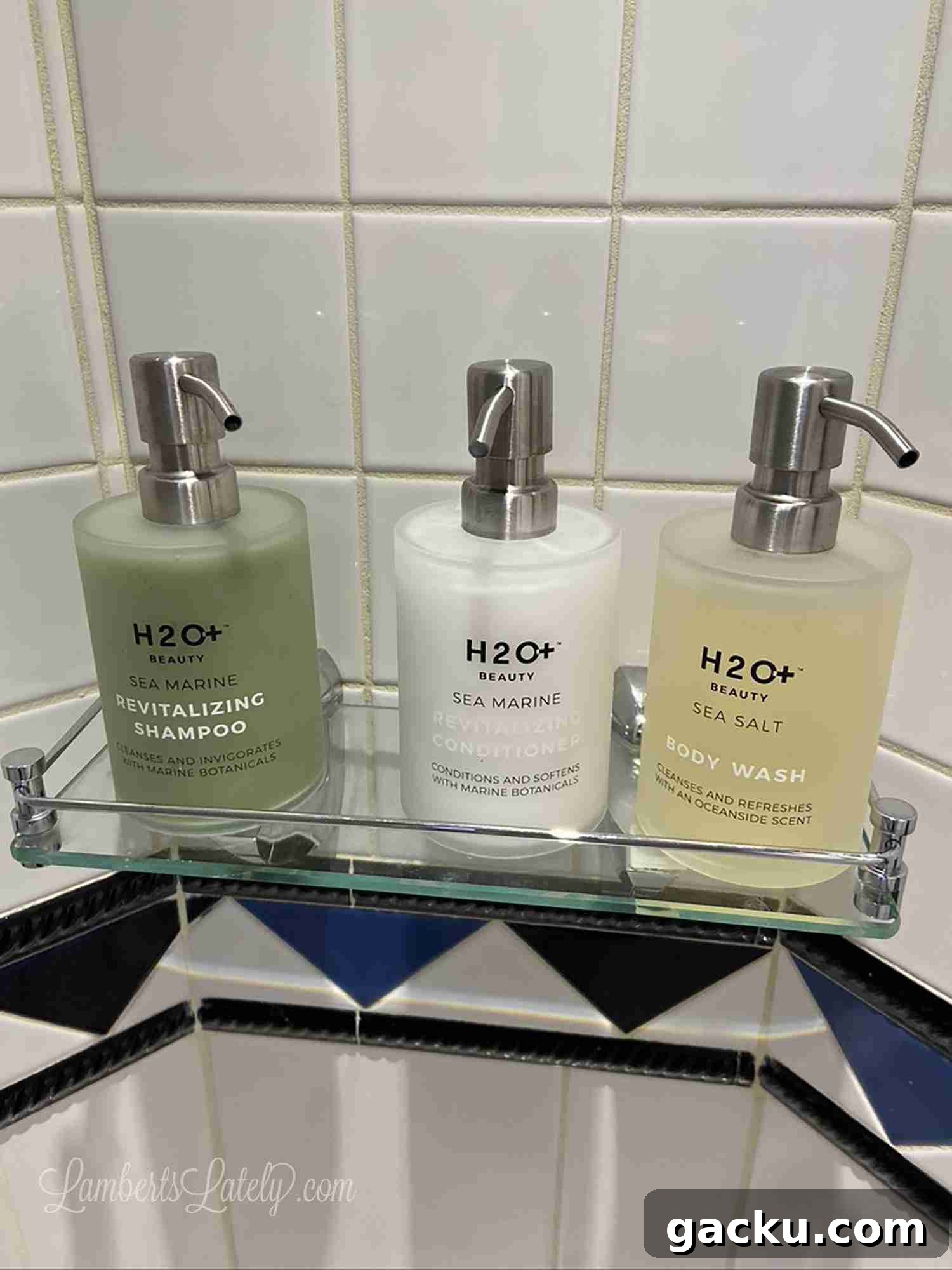 h20 shampoo, conditioner, body wash in a shower on a disney cruise.