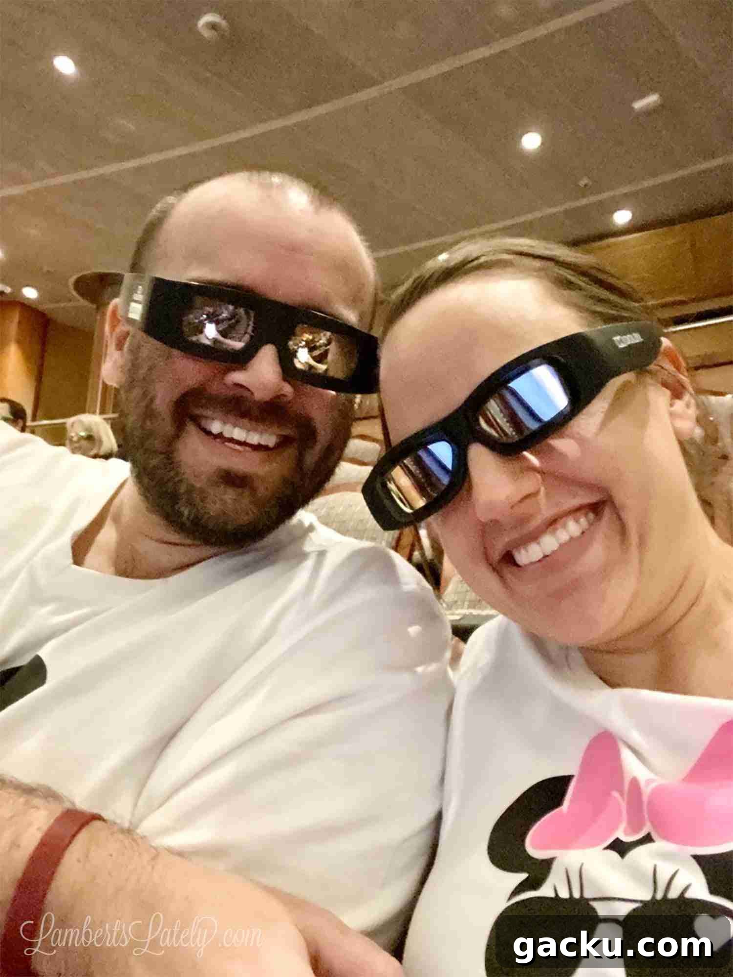 wearing 3d glasses at movie theater on the ship.
