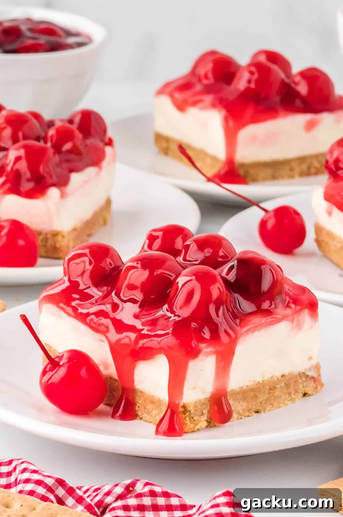 A slice of cheesecake on a plate.