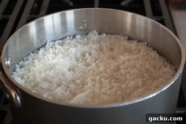 How to Cook Fluffy White Rice Every Time 9 A closeup image of Perfect White Rice with finished cooking in a pot themerchantbaker.com