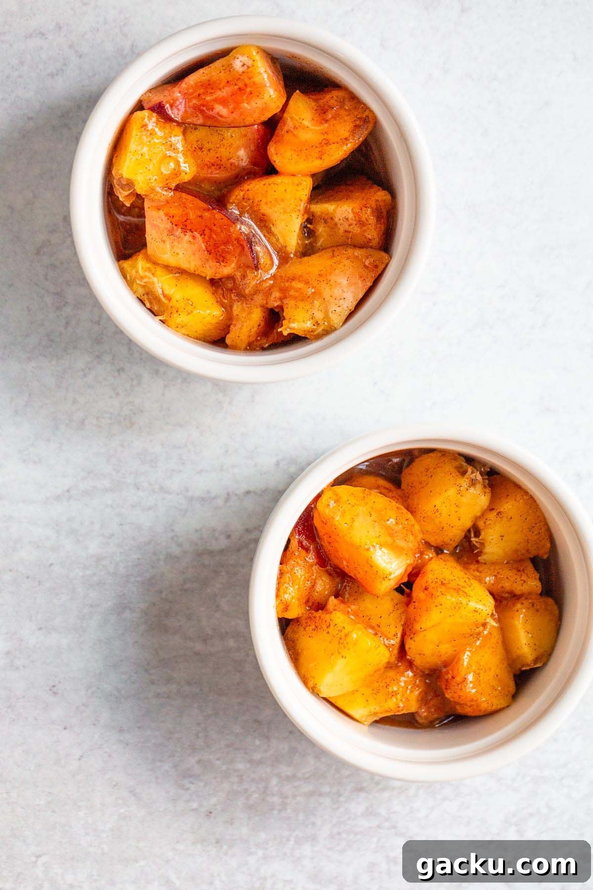 Cut peaches in ramekins.