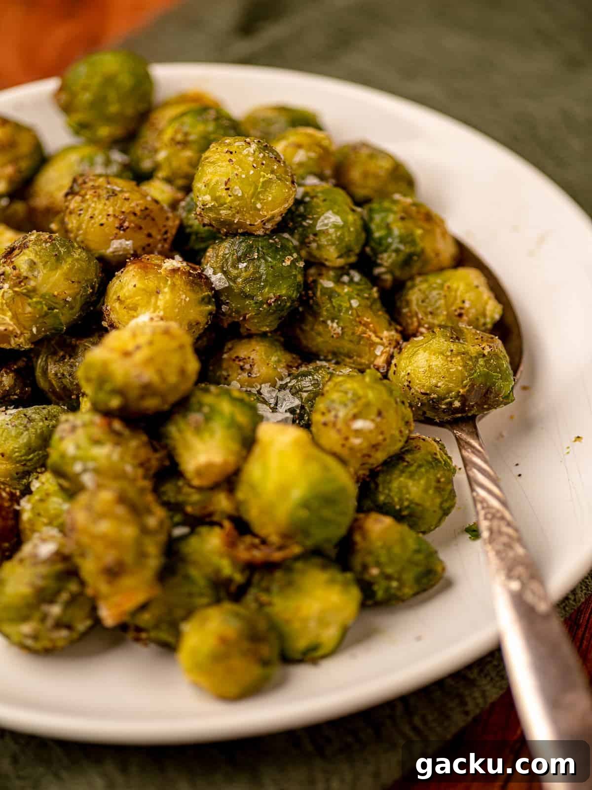 Crispy Air Fryer Frozen Brussels Sprouts Recipe 2 Closeup view of brussels sprouts on a white plate.